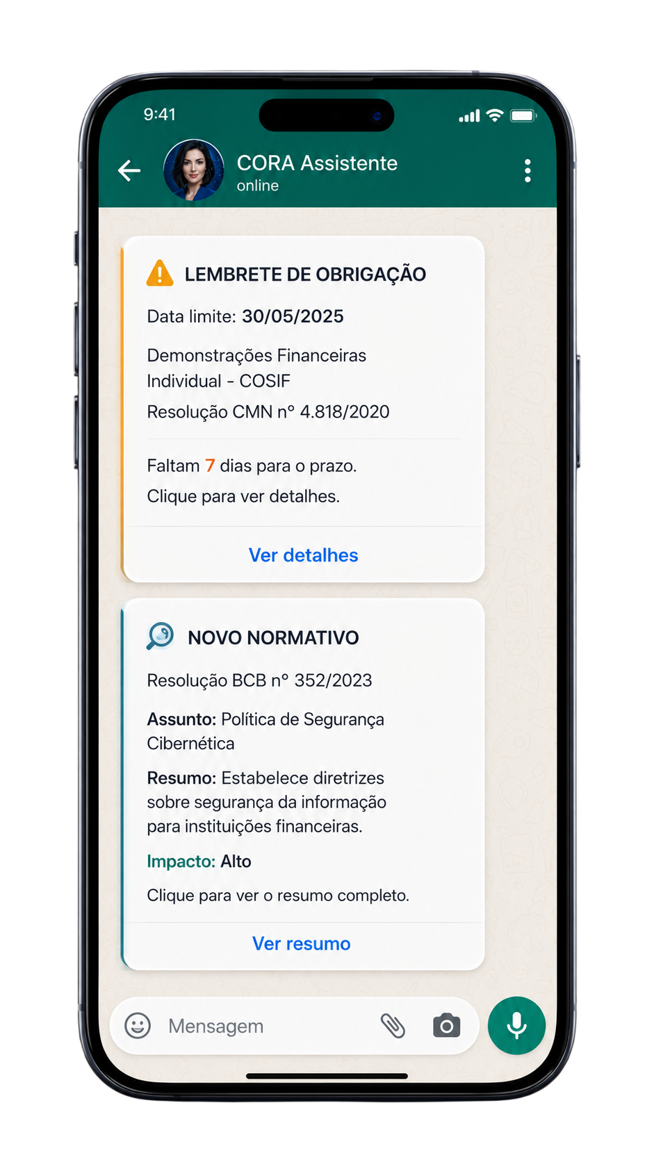 Tela de conversa da CORA Assistente no WhatsApp, com um lembrete de obrigação e um novo normativo resumido com impacto alto.